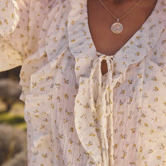 Multicolor Boho Women's Ruffled V-Neck Long Sleeve Front Tie Blouse - Picture 5 of 8